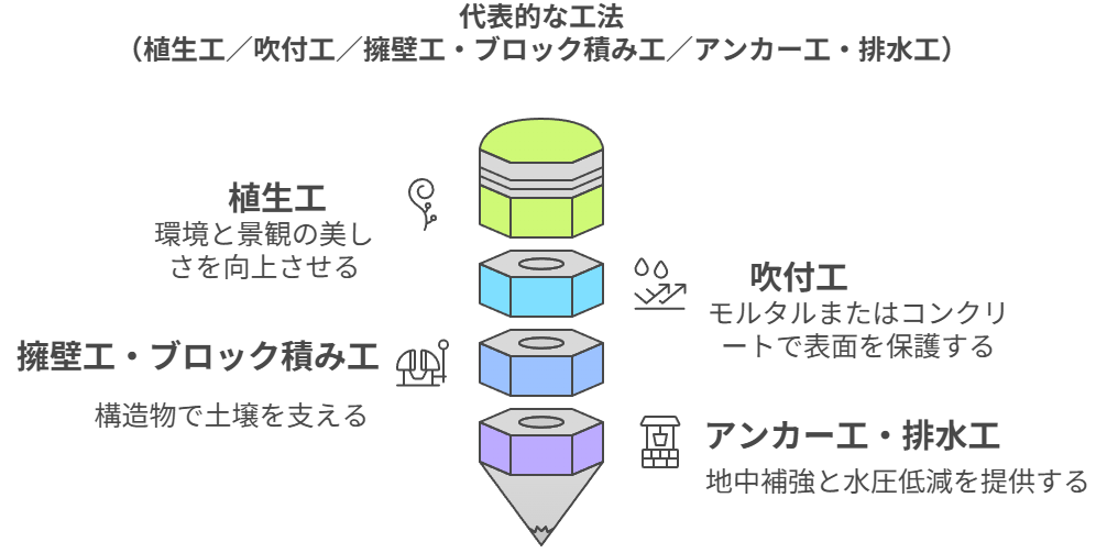 代表的な工法（植生工／吹付工／擁壁工・ブロック積み工／アンカー工・排水工）