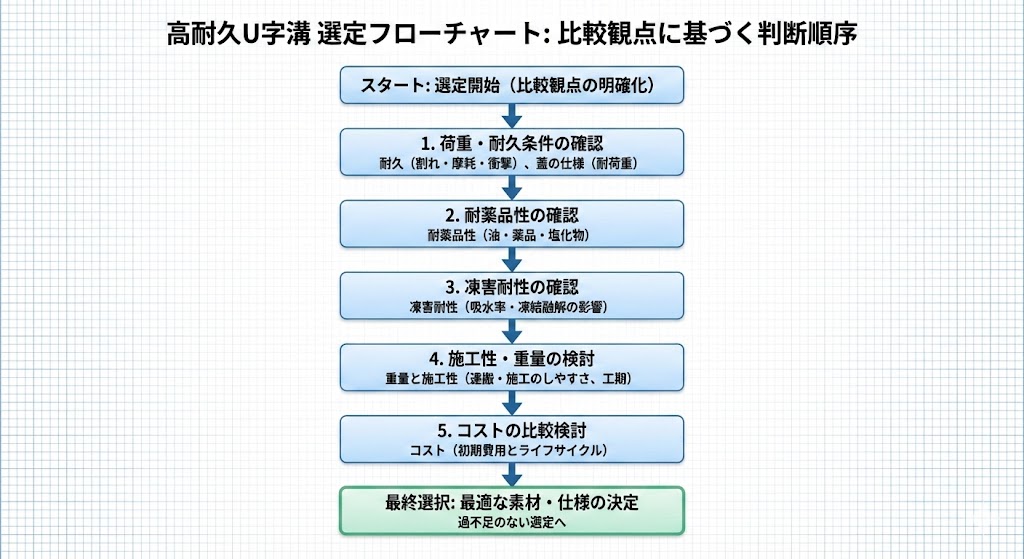 ※ここに図解を挿入:フローチャート「荷重→薬品→凍害→施工性→コスト→最終選択」