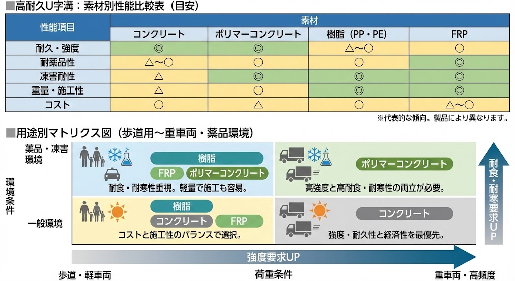 ※ここに図解を挿入:比較表(素材×性能)と用途マトリクス図(歩道用~重車両・薬品環境)