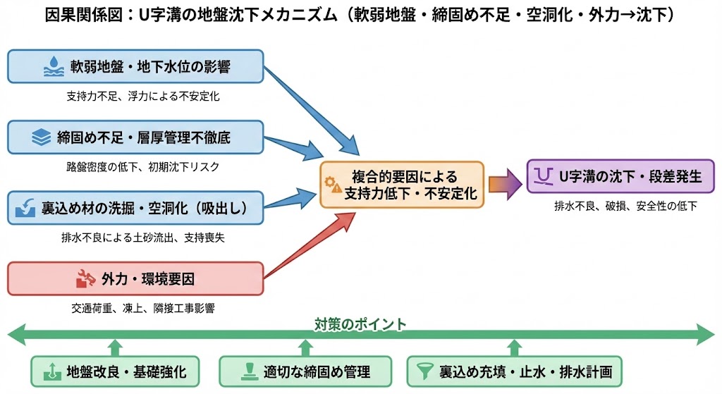 ※ここに図解を挿入 因果関係図(軟弱地盤・締固め不足・空洞化・外力→沈下の相関)