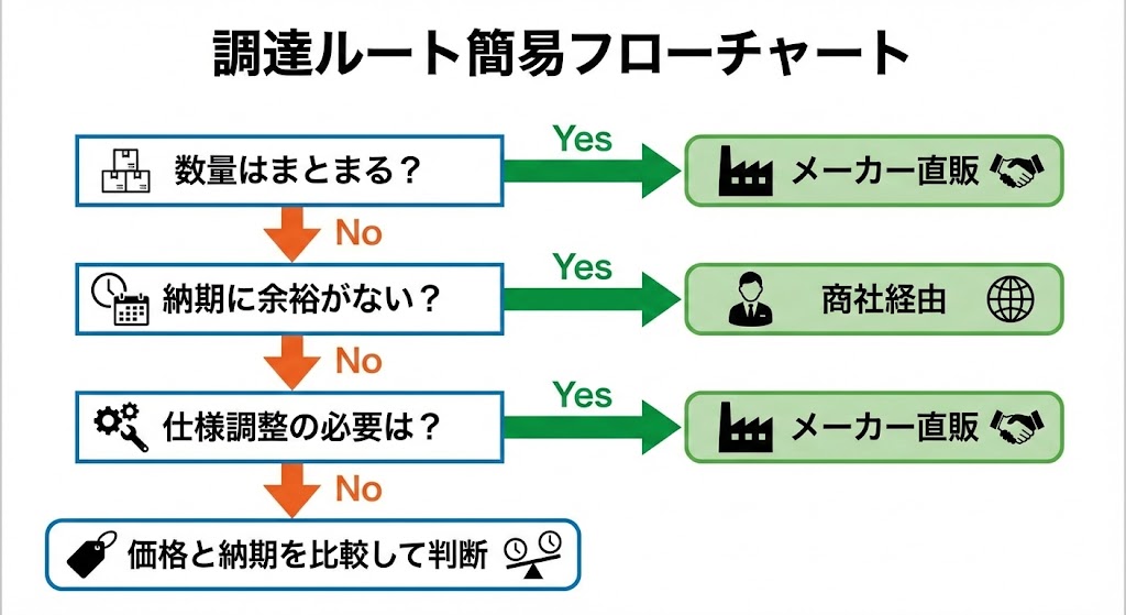 #図解提案 詳細
形式:簡易フローチャート
【図解:調達ルート簡易フローチャート】
数量はまとまる?──→ Yes → メーカー直販
↓ No
納期に余裕がない?──→ Yes → 商社経由
↓ No
仕様調整の必要は?──→ Yes → メーカー直販
↓ No
価格と納期を比較して判断