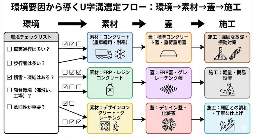 ※ここに図解を挿入:チェックリストと分岐のフローチャート(因果関係:環境→素材→蓋→施工)