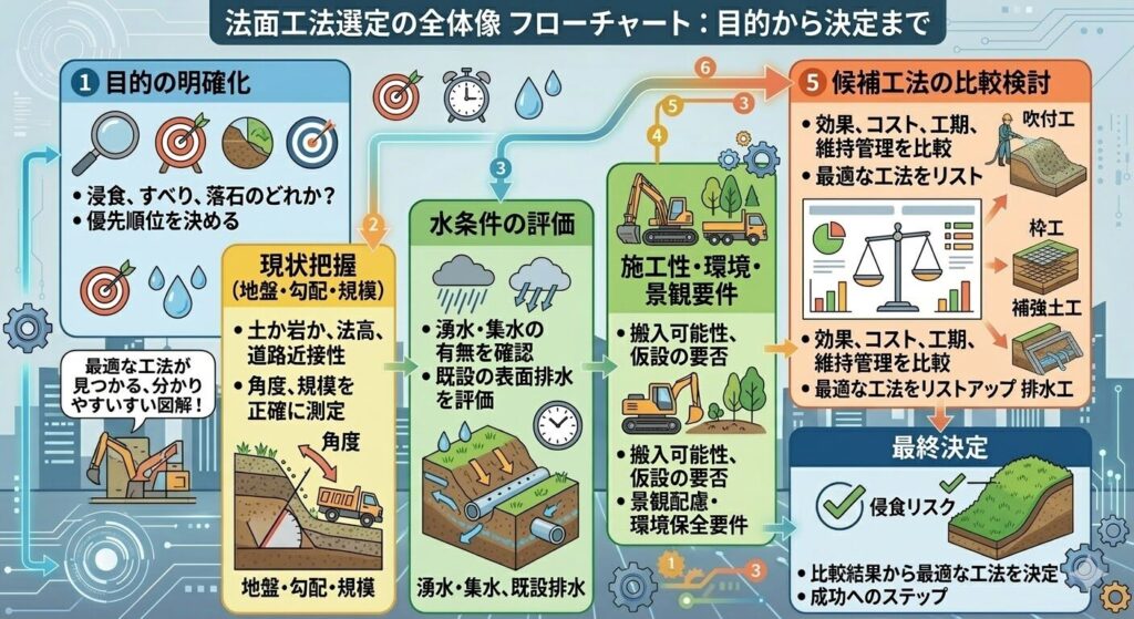  （目的：フローチャート（目的→地盤→水→施工性→候補工法→最終決定）