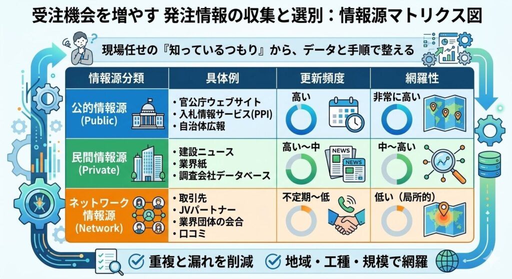 （比較・分類）。目的：情報源を「公的」「民間」「ネットワーク」の3分類でマトリクス図化し、更新頻度と網羅性の違いを示す。