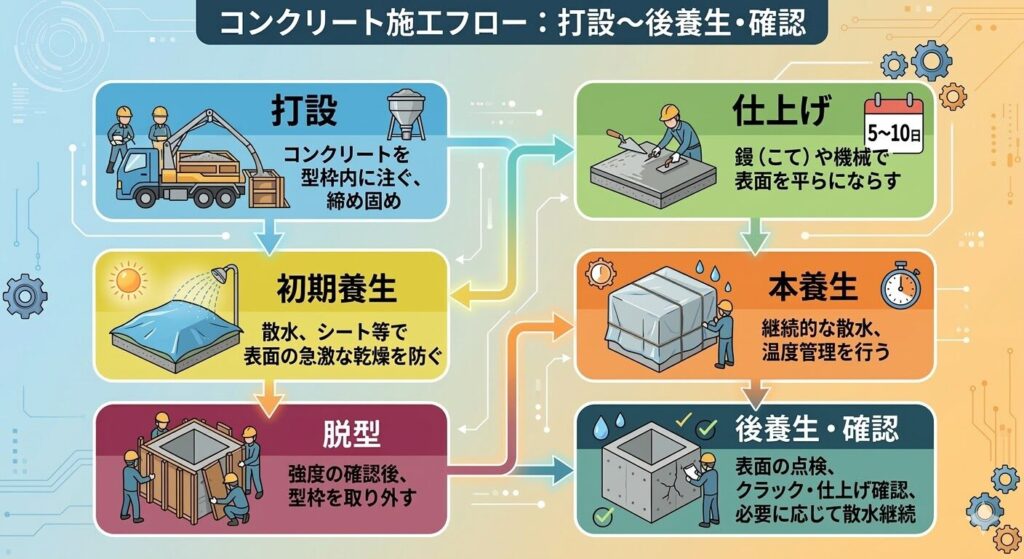  （目的：ステップの流れ  、内容：打設→仕上げ→初期養生→本養生（5〜10日）→脱型→後養生・確認のフローチャート。）