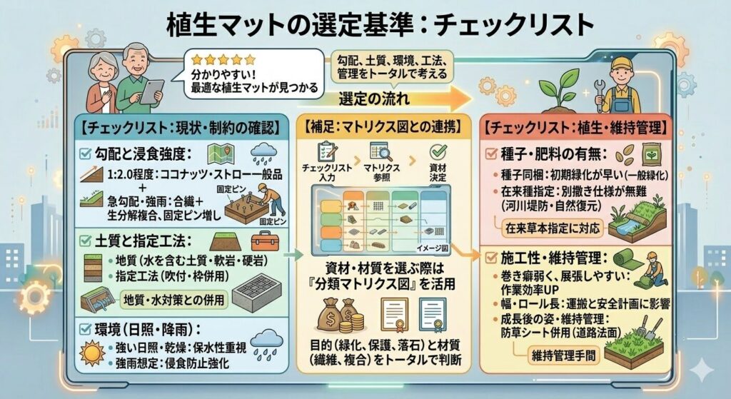   （目的：法面資材の分類マトリクス図（保護目的×材質：コンクリート・鋼材・繊維・複合）