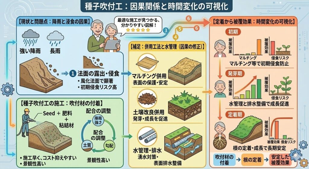 （目的：因果関係（降雨→浸食→吹付材の付着→根の定着→被覆効果の時間変化）